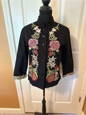 Vanity Black Mandarin Jacket with Red Floral Embroidery